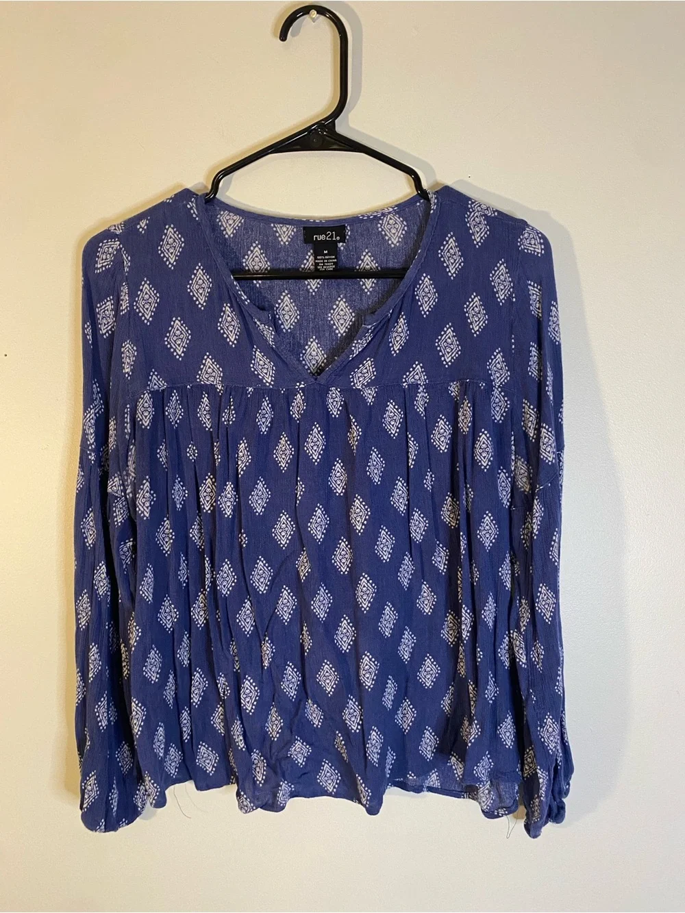 Rue21 Blue Printed V-Neck Long Sleeve Navy Blue Bohemian Top